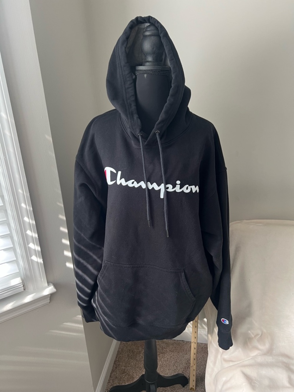 Champion Black Hoodie with White Script Logo XL